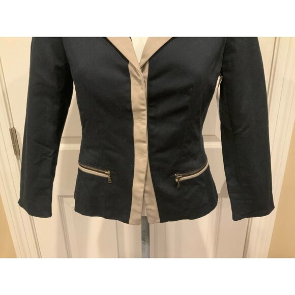 Tahari Navy Blue 3/4 Sleeves Jacket W/ Tan Trim & Zippered Pockets, Size 4 (US) - Picture 3 of 10